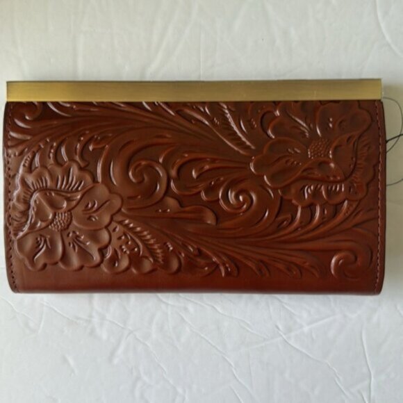 Patricia Nash Cauchy Leather Frame Wallet Tooled RFID Florence Brown - Picture 8 of 13